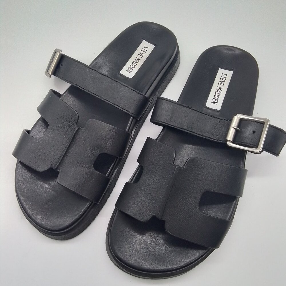 STEVE MADDEN WOMENS MAYHEM SLIDE SANDAL BLACK LEATHER SIZE 8M